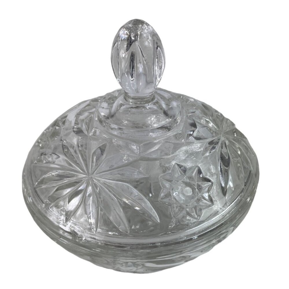 Anchor Hocking Prescut Clear Glass Candy Dish & Lid Pressed Star/Fan Design - Picture 3 of 11